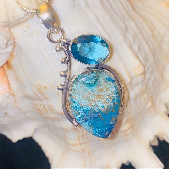 Marine blue Dendritic Opal + blue topaz pendant